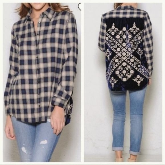 Hannah Tops - 3/25$ Hannah Shirt Sm Embroidered Velvet Flannel Plaid Western Boho White Blue